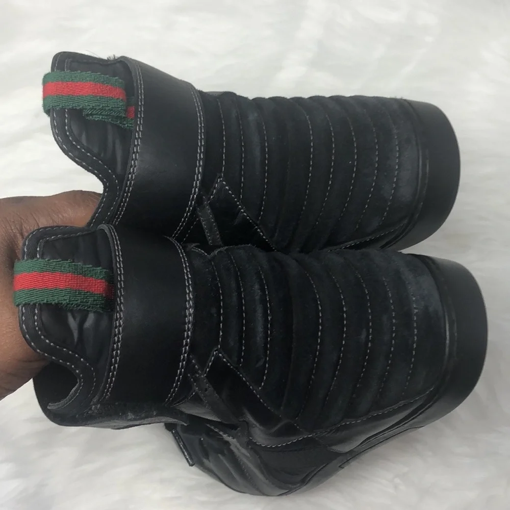 Gucci Leather High Top Strap Sneakers Men’s Size 7G Black Web Trim Italy